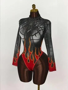 Amplova Halloween Costumes  Halloween Cosplay Spider-Woman Women's Spider & Flame Print Stand Collar Long Sleeve Bodysuit - Red - View 1