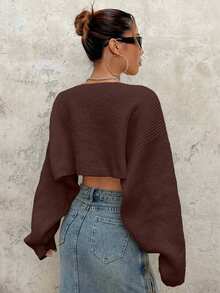 EURMUSE Y2K Grunge 落肩前开襟短款开衫（不含抹胸） - 棕色 - 查看 8