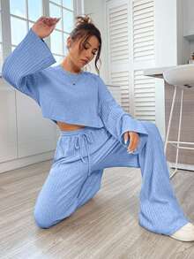 EURMUSE Conjunto de 2 peças feminino casual para deslocamento, cor sólida, simples, canelado, ombro caído, manga larga, camiseta curta e calça reta com cordão na cintura, primavera/outono - Azul - Ver 6