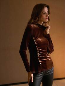 MOTF PREMIUM 天鹅绒纯色立领仿珍珠褶饰修身T恤 - 咖啡棕 - 查看 7