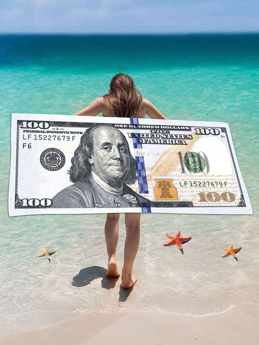 SHEIN 1件装 - 夏季必备!超大超柔软速干沙滩巾,百元钞票设计 - 奢华时尚,适合泳池派对、海滩度假、日光浴和户外探险 - 完美的礼物或个人使用 假日旅行必备品 旅行配件 海滩必备品 - 彩色 - 查看 1
