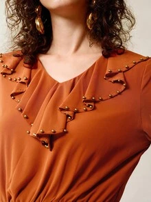 SHEIN Revavyn Women's Elegant Chiffon V-Neck Ruffle Long Dress,Burnt Orange Autumn Beaded Pleated Tea Party Date Retro Western Country Concert Outfit - Rust Brown - View 2
