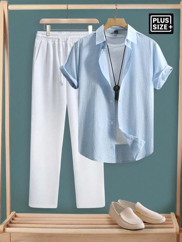 Manfinity Homme Plus Size Men's Blue Front Button Short Sleeve Shirt And White Drawstring Waist Pants Set, Summer Light Blue Shirt And White Pants Outfit, Cozy Outfits