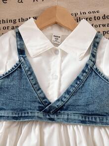 Young Girl Denim Camisole Top And Solid Color Bubble Hem Casual Dress Set With Bag - White - View 7