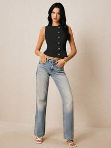 Poéselle Blusa sin mangas de cuello redondo con botones frontales de unicolor para mujer