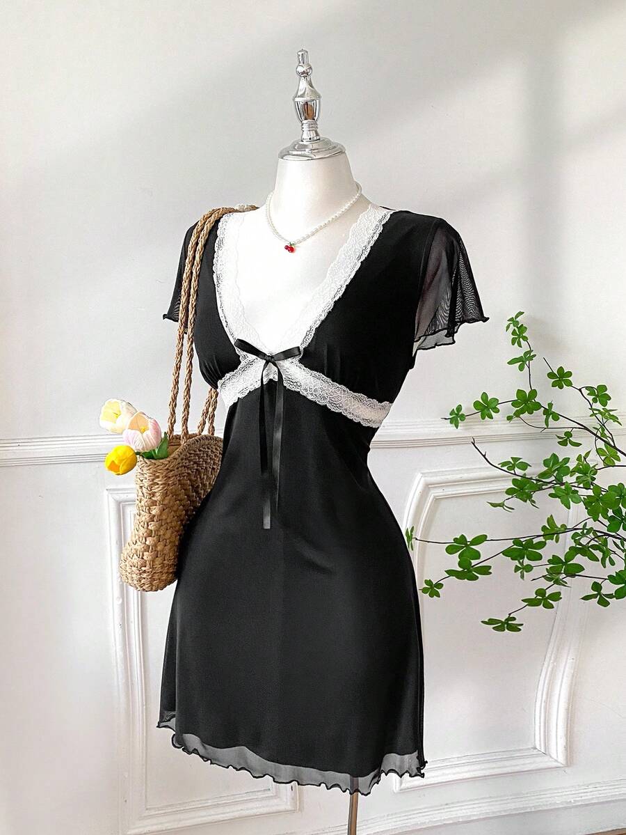 Comfortcana 加大码 V 领蕾丝拼接黑色休闲连衣裙，春/秋季，婚礼宾客礼服女装，秋季，返校节，外出，约会，婚礼宾客礼服 - 黑與白 - 查看 1