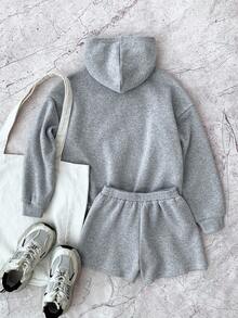 SHEIN Tween Girl Grey & Dark Grey Long Sleeve Knit Top With Loose Cargo Pants 2 Pieces Outfit, Casual Street Wear For Autumn & Winter Fall