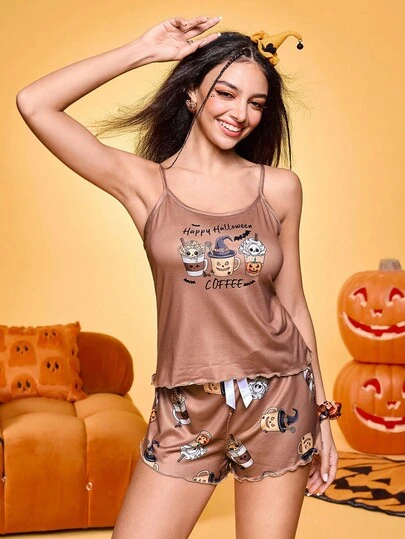 女士万圣节字母和咖啡印花吊带背心和短裤睡衣套装