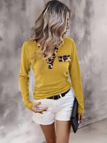 EMERY ROSE Women's Leopard Patchwork Simple Daily Notch Neck Long Sleeve T-Shirt Graphic Cheetah Print Tees Women Tops For Spring - Yellow - View 5