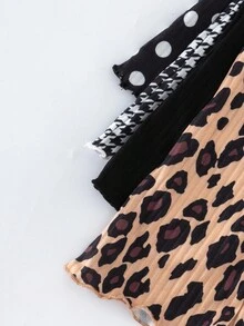 SHEIN Playful Pals 4 件套年轻女孩休闲时尚可爱多色波尔卡圆点、千鸟格、豹纹和纯色喇叭裤，适合秋冬，幼儿女孩棕色、灰色、黑色长裤 - 彩色 - 查看 3