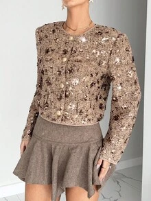 Siren Gaze Siren Gaze Siren Gaze Women's Champagne Color Tweed Sequin Long-Sleeved Woolen Coat Women's Fashion Commuter Sequin Decor Regular Jacket In Fall/Winter Glitter Brown