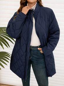 EMERY ROSE 大码女式纯色长袖拉链前口袋休闲冬季夹克 - 寶藍色 - 查看 4