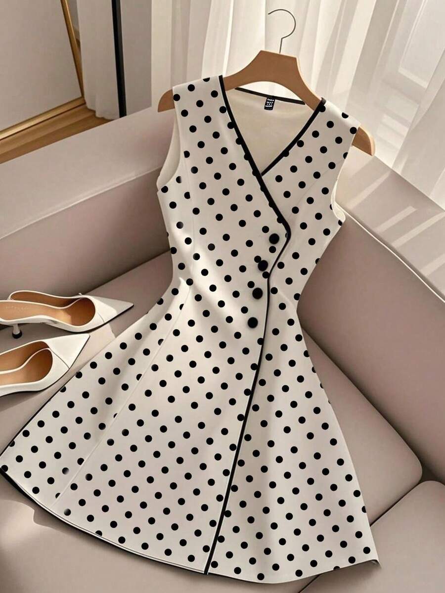 GlowEve Váy mùa hè thanh lịch cổ chữ V không tay nhún eo in họa tiết chấm bi - Nhiều màu - Xem 1