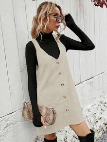 EMERY ROSE Women's Solid Color V-Neck Button Casual Sleeveless Dress - Apricot - View 5