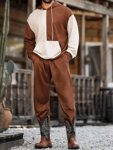 Manfinity Nomadique Men's Contrast Color Pocket Hooded Long Sleeve Sweatshirt And Sweatpants Set, Hoodie And Sweatpants Two Piece Set, Fall Clothes - Brown - View 4