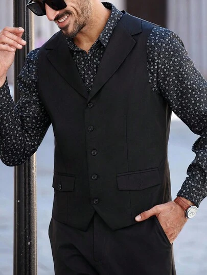 Manfinity Bizformal Chaleco formal sin mangas de cuello de solapa y botones delanteros casual negro para hombres