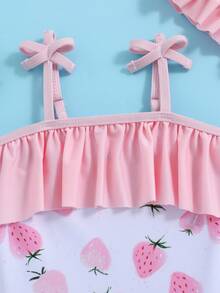 SHEIN Babygirl 夏季可爱草莓图案荷叶边细肩带连体泳衣（带帽） - 粉色 - 查看 5