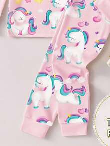 SHEIN Playful Pals 1set Baby Girls Cartoon Unicorn & Rainbow Print Snug Fit Pajama Set, Long Sleeve Top And Pants, Pink, Autumn/Winter Fall - Pink - View 5