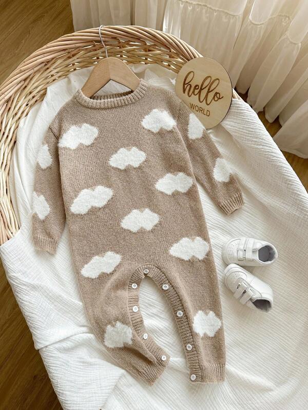 SHEIN Newborn Baby Boy/Girl Apricot Casual Cute Funny Korean Basic Style Versatile Simple Open-Crotch Romper Jumpsuit, Soft & Comfortable Blue Sky White Cloud Pattern, Suitable For Indoor & Outdoor, Autumn/Winter Fall