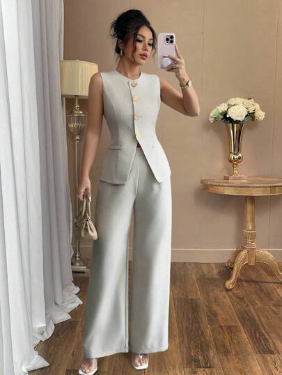 Auvina 2pcs/Set Plus Size Summer Minimalist Commuter Front Button Sleeveless Top And Pants