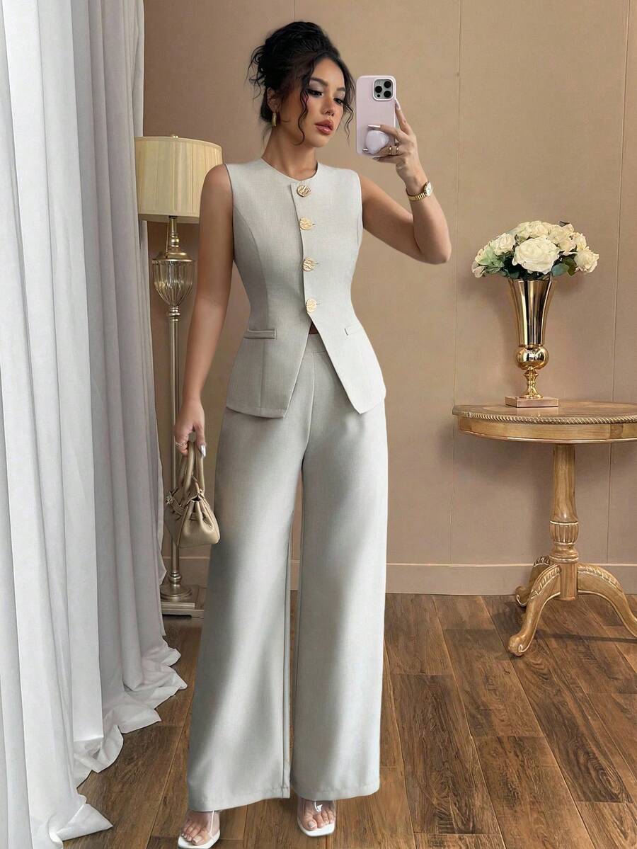 Auvina 2pcs/Set Plus Size Summer Minimalist Commuter Front Button Sleeveless Top And Pants