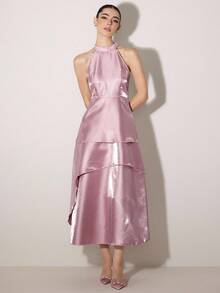 Poshira 女士飘逸荷叶边下摆连衣裙，适合生日派对 - 粉色 - 查看 4