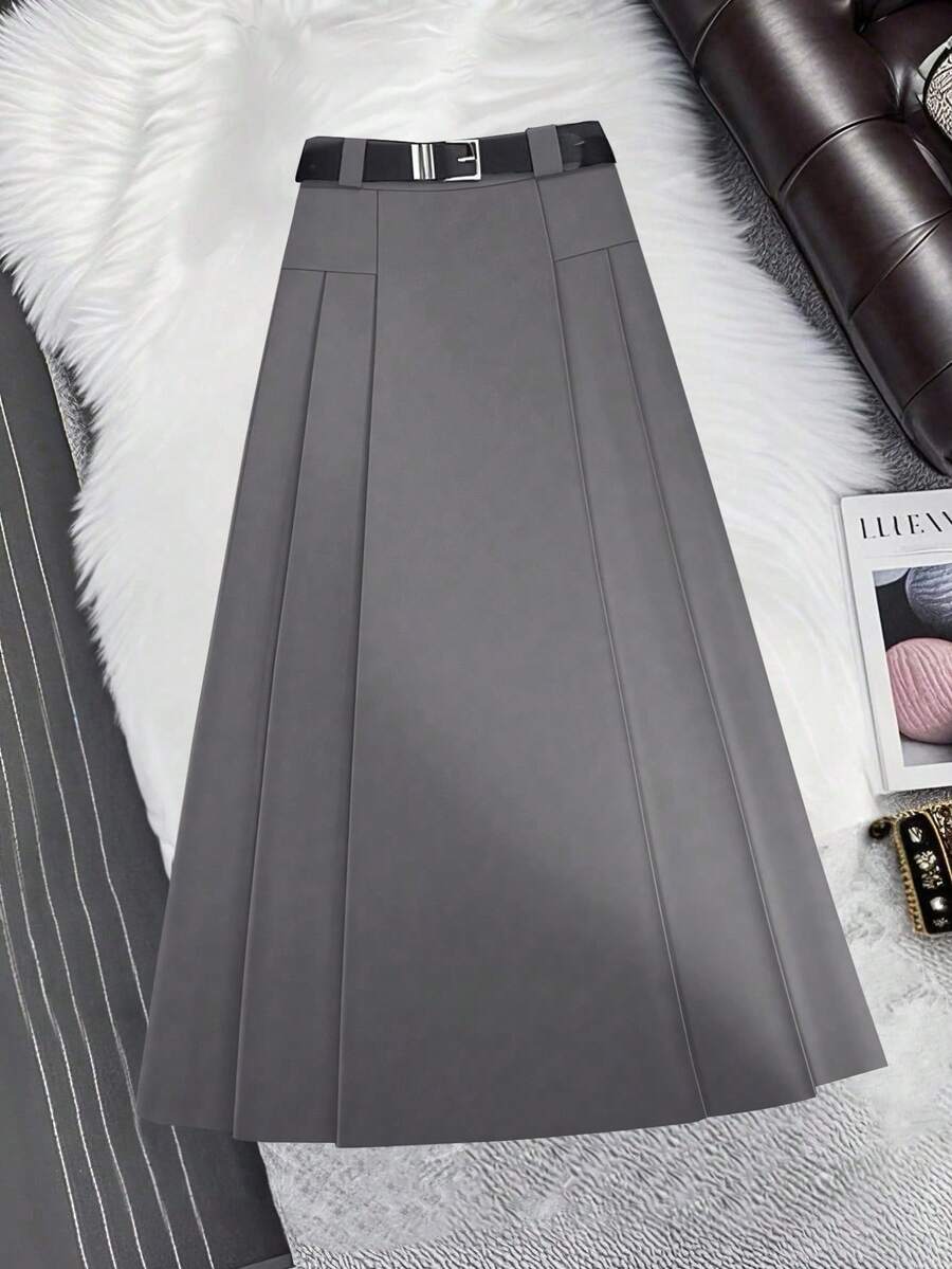 Franclia Plus Size Women Elegant Waist Belt Decor Skirt, Commuter Style Fall Cloth For Women Belt Skirt Pleated Skirt Black Belt Skirt Elegant Skirt Gray Skirt