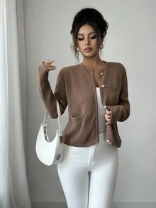 Elenzga 女式纯色长袖单排扣休闲口袋针织开衫，秋季 - 棕色 - 查看 6