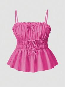 SHEIN 2件套少女荷叶边吊带褶皱蝴蝶结吊带背心和裤子套装，时尚百搭，适合度假和日常穿着 - 玫紅色 - 查看 3