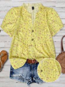 Franclia Camisa de manga abullonada con estampado floral para talla grande - Amarillo - Ver 1