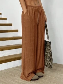 SHEIN EZwear Plus Size Brown Casual Drawstring Waist Pants