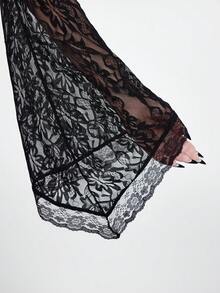 ROMWE EDITION Gothic Palace Mesh Castle Embroidery Contrast Lace Off Shoulder Flare Sleeve Velvet Blouse, Halloween - Black - View 6