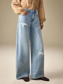 SHEIN Frenchy Damen Lässig Everyday Verwaschen Schrägtasche Destroyed Gerade Bein Jeans - Blau - Übersicht 5