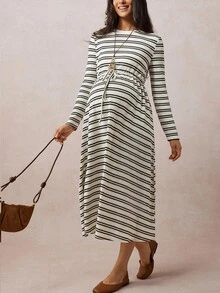 Boho Mama Maternity Casual Striped Drawstring Waist Dress,Vintage - Khaki - View 6
