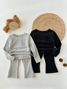 SHEIN 4pcs Babygirl Casual Cute Solid Color Long Sleeve Top And Pants Set - Multicolor - View 4