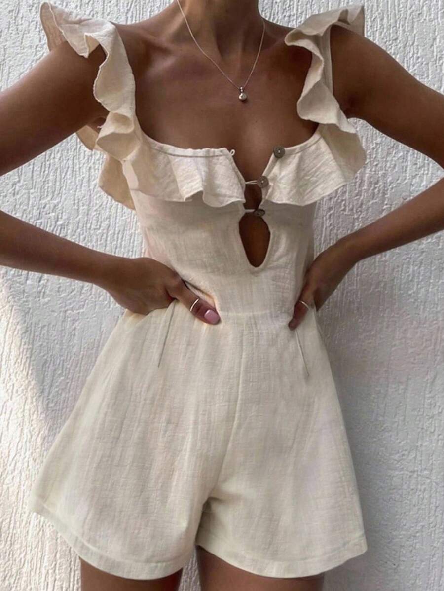 INAWLY Women's Fashion Deep V-Neck Ruffle Button Jumpsuit - Apricot - View 1