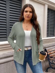 SHEIN LUNE Plus Size Solid Color V-Neck Casual Versatile Long Sleeve Cardigan With Pockets In Fall/Winter - Mint Green - View 5