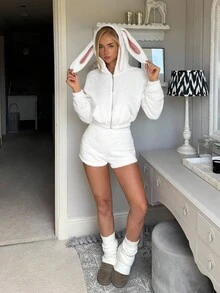 CovetEZ 2pcs/Set Women's Autumn And Winter Christmas/Halloween Home Sweet And Cute Casual White Plush Rabbit Ears Cute Tail Plush Jacket And Plush Shorts, White Home Sweet And Cute