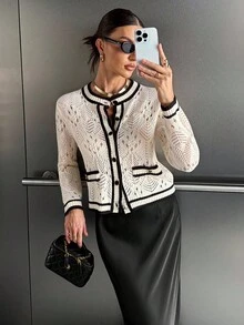 Siren Gaze Áo khoác cardigan tay dài khoét nút cài phía trước họa tiết tương phản dành cho nữ vào mùa thu/đông - Màu be - Xem 7
