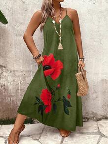 Breezaya Plus Size Women Loose Floral Rose Print Spaghetti Strap V-Neck Dress