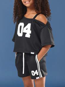 SUMWON Off Shoulder Varsity Crop Top And Shorts Sportswear Matching Set With Number Print Summer Loungewear Co Ord Two Piece Outfit