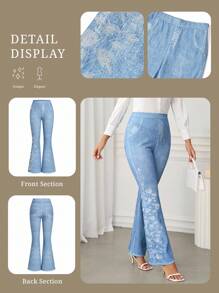 Ellevyn Women's Faux Denim Print Knit Elastic Waist Metallic Zipper Embroidered High Waist Elegant Casual Pants, Spring/Summer - Blue - View 3