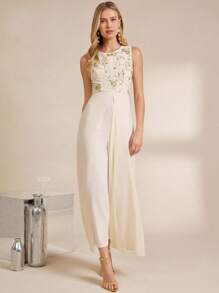 Amorya 女士圆领无袖亮片杏色和米色腰部修身雪纺优雅连体裤，适合日常穿着、聚会、派对、春夏、秋冬