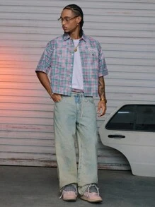 AXEPEAK Assorted Sizes Street Style Turndown Collar Short Sleeve Loose Fit Digital Print Men Shirt