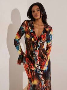 Opulessa Đầm dài tay cổ chữ V in họa tiết lưới đan cho nữ đi nghỉ mát - Nhiều màu - Xem 4