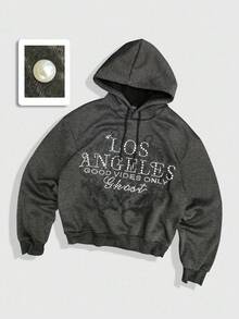 ROMWE MEN Street Life Sudadera casual con capucha con cordón y gráfico de eslogan para hombre en otoño - Gris Oscuro - Ver 1