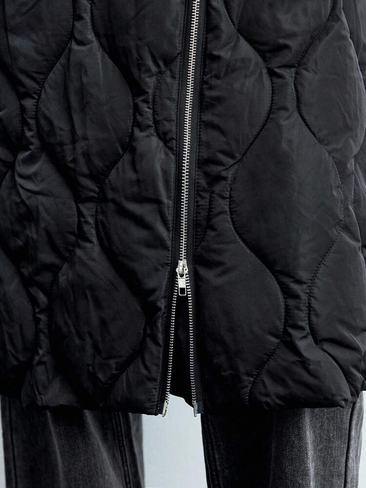 SHEIN Maija Solid Color Waist Zipper Winter Fashion Long Sleeve Padded Coat Modern Urban Casual Fashion Business Casual Women's Office Wear Low-Key Old Money Style Effortless Temperament High-End Urban Commuting High-Quality Airport Women's Wear High-End Material A Must-Have For Autumn And Winter: A High-End, Comfortable, Vintage-Style Jacket Street-Cool, High-End, Simple, Cool Motorcycle Style Workwear