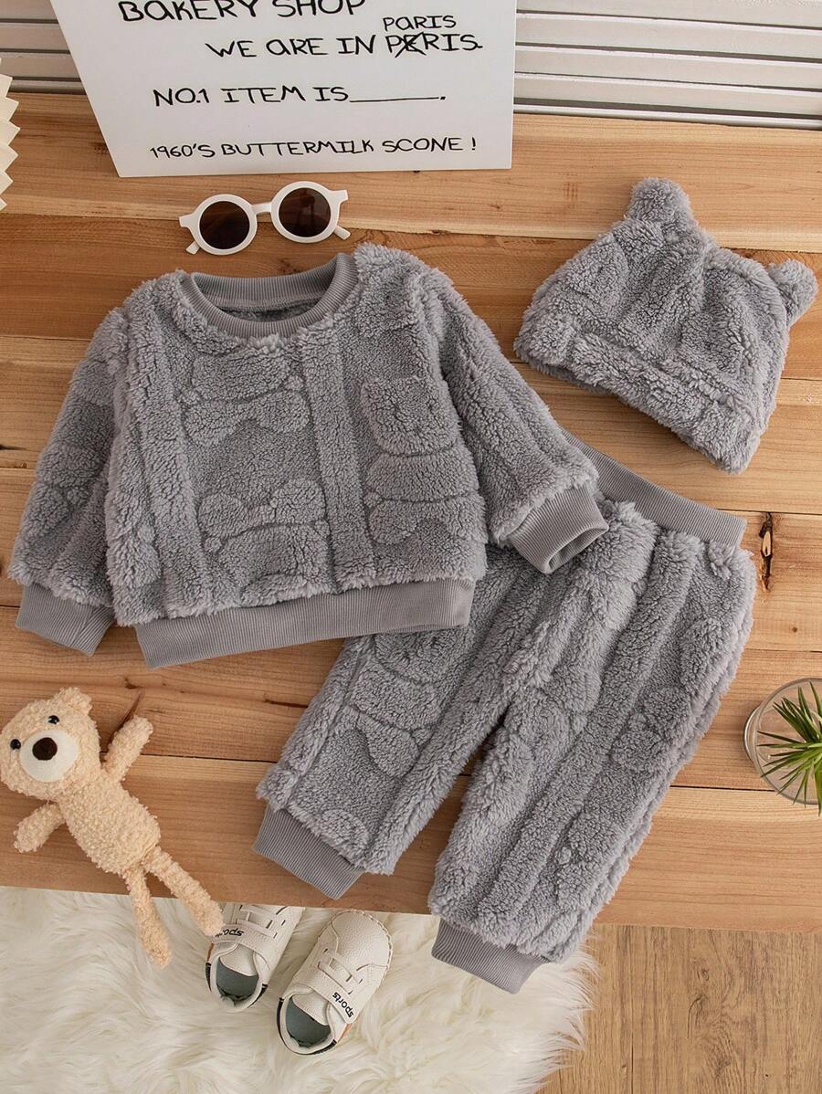 SHEIN Vintaside Kids 3 件套男婴和女婴中性款白色毛绒熊图案提花羊毛圆领运动衫、羊毛运动裤和毛绒耳帽 3 件套，秋冬季宝宝可爱舒适的服装