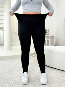 Solflare 2pcs/Set Plus Size Women Solid Color High Stretch Thick Leggings - Black - View 4