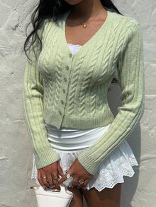 Sunnyshic Cardigan de Tricô de Manga Longa com Padrão de Cabo e Abotoamento Único para Mulheres, Ideal para Férias - Verde - Visão 1